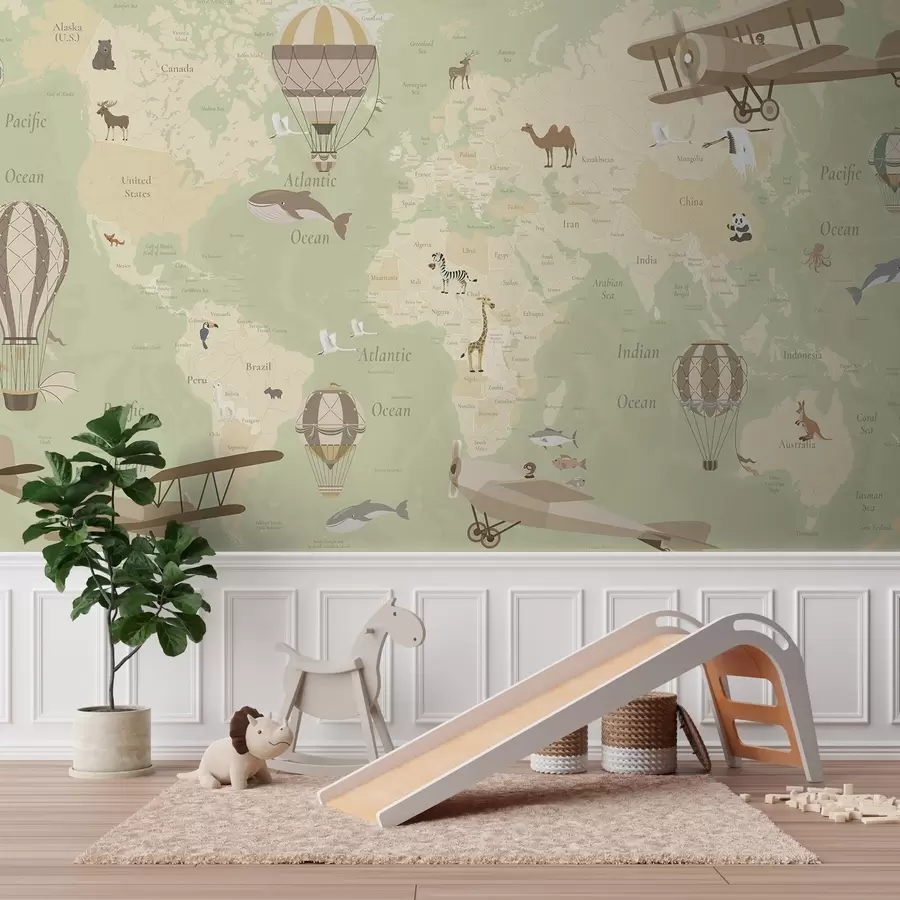 carta da parati Mappa del mondo per bambini con animali, aeroplani e mongolfiere. Lingua inglese. Colore verde nr. c00003env2