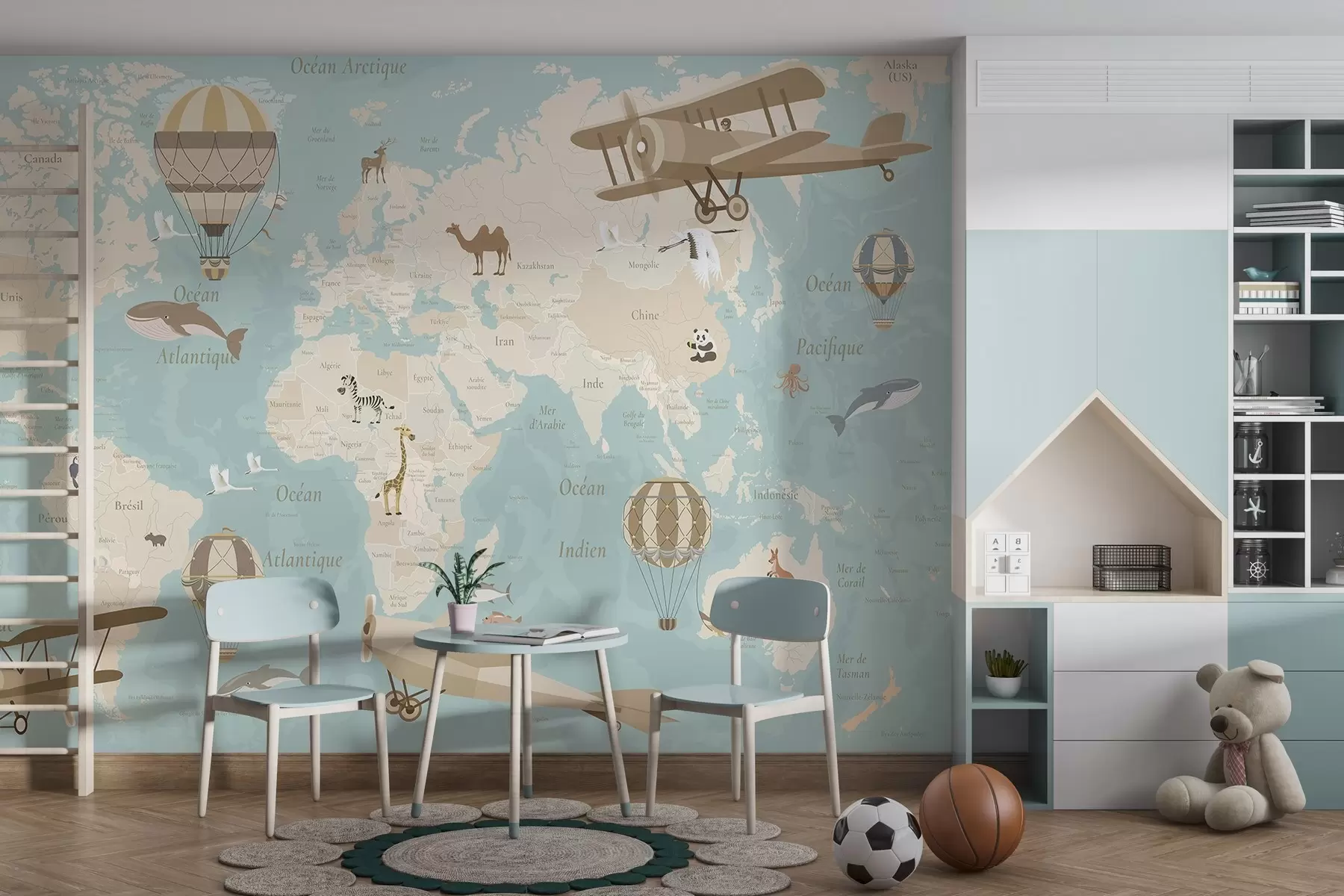 carta da parati Mappa del mondo per bambini con animali, aeroplani e mongolfiere. Lingua francese. Colore blu. nr. c00003frv1