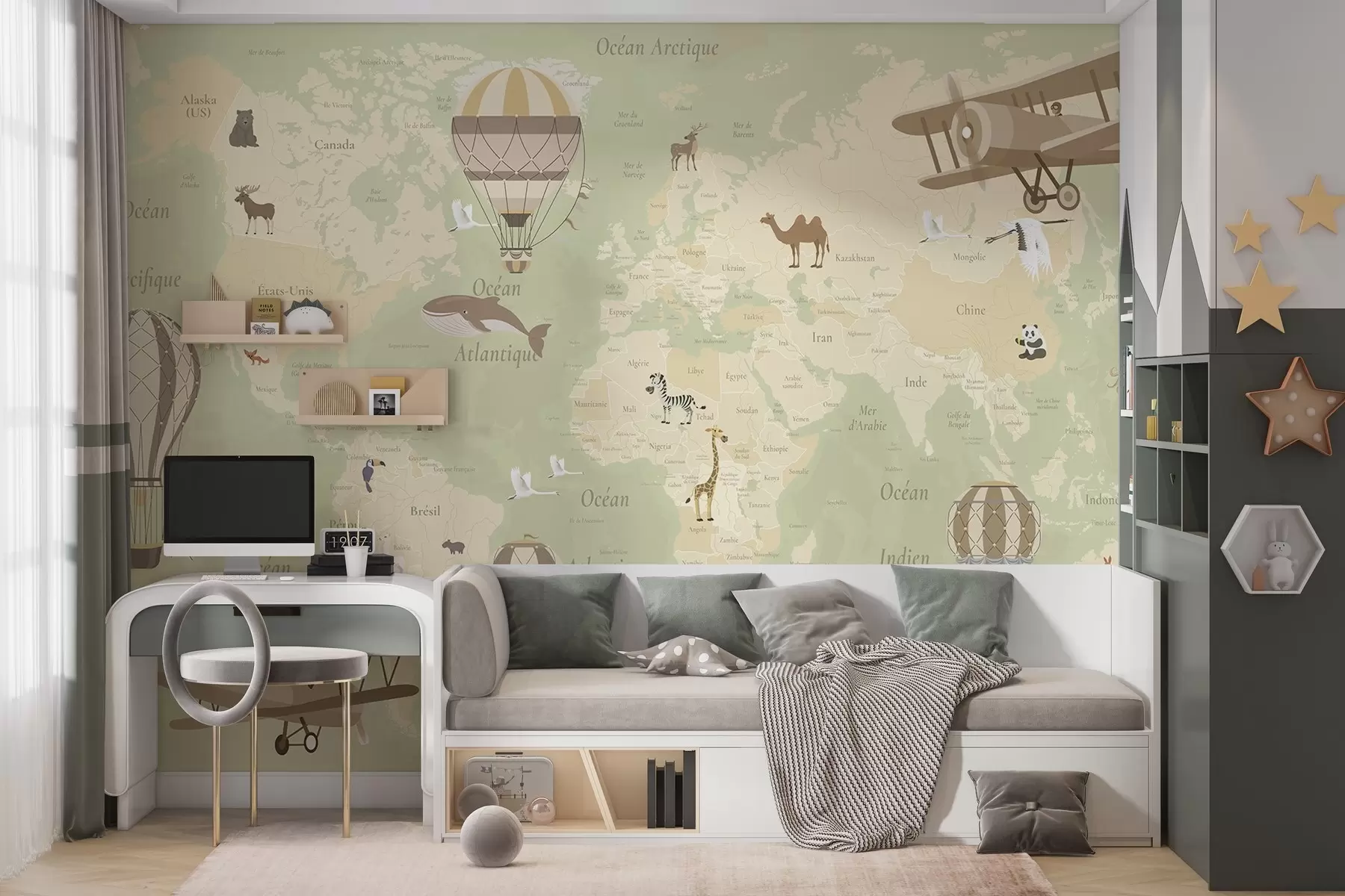 carta da parati Mappa del mondo per bambini con animali, aeroplani e mongolfiere. Lingua francese. Colore verde. nr. c00003frv2