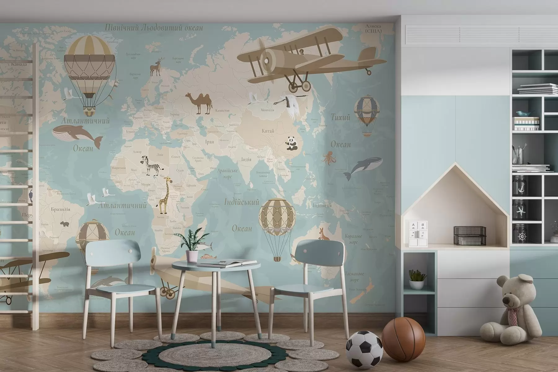 carta da parati Mappa del mondo per bambini con animali, aeroplani e mongolfiere. Lingua ucraina. Colore blu. nr. c00003ukv1