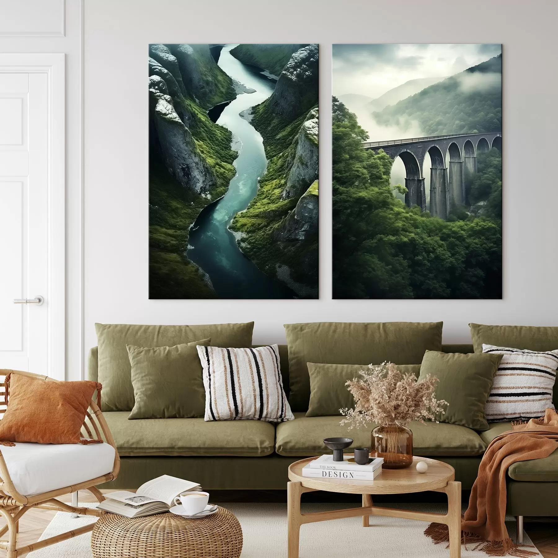 carta da parati Canyon fluviale aereo e viadotto nebbioso tra verdi colline nr. m00967