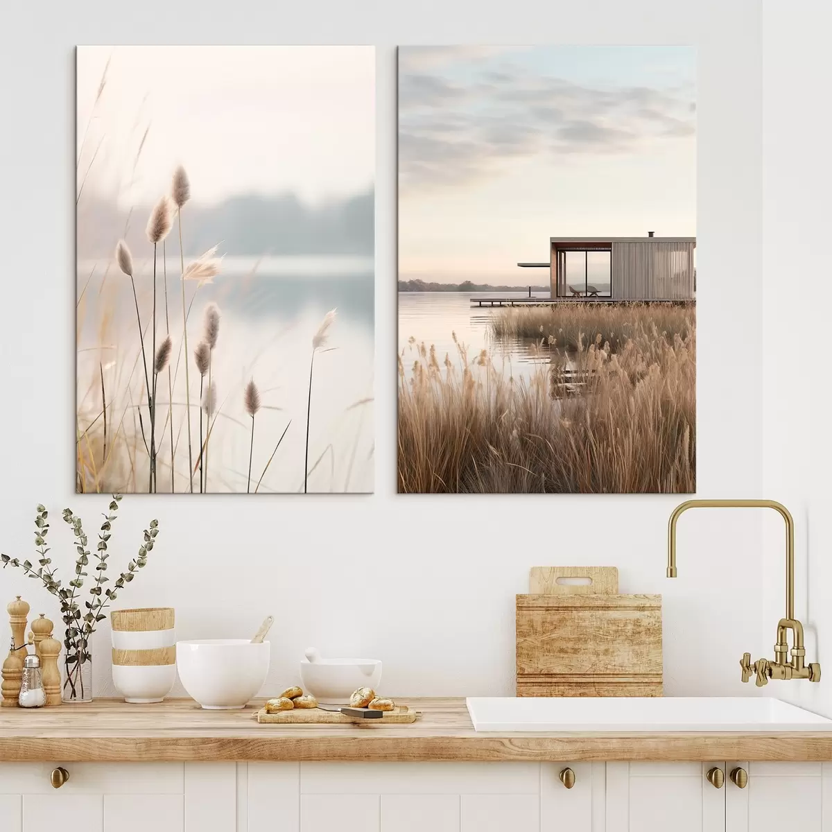 carta da parati Canne morbide su un lago tranquillo e una moderna capanna sulla riva nr. m00970
