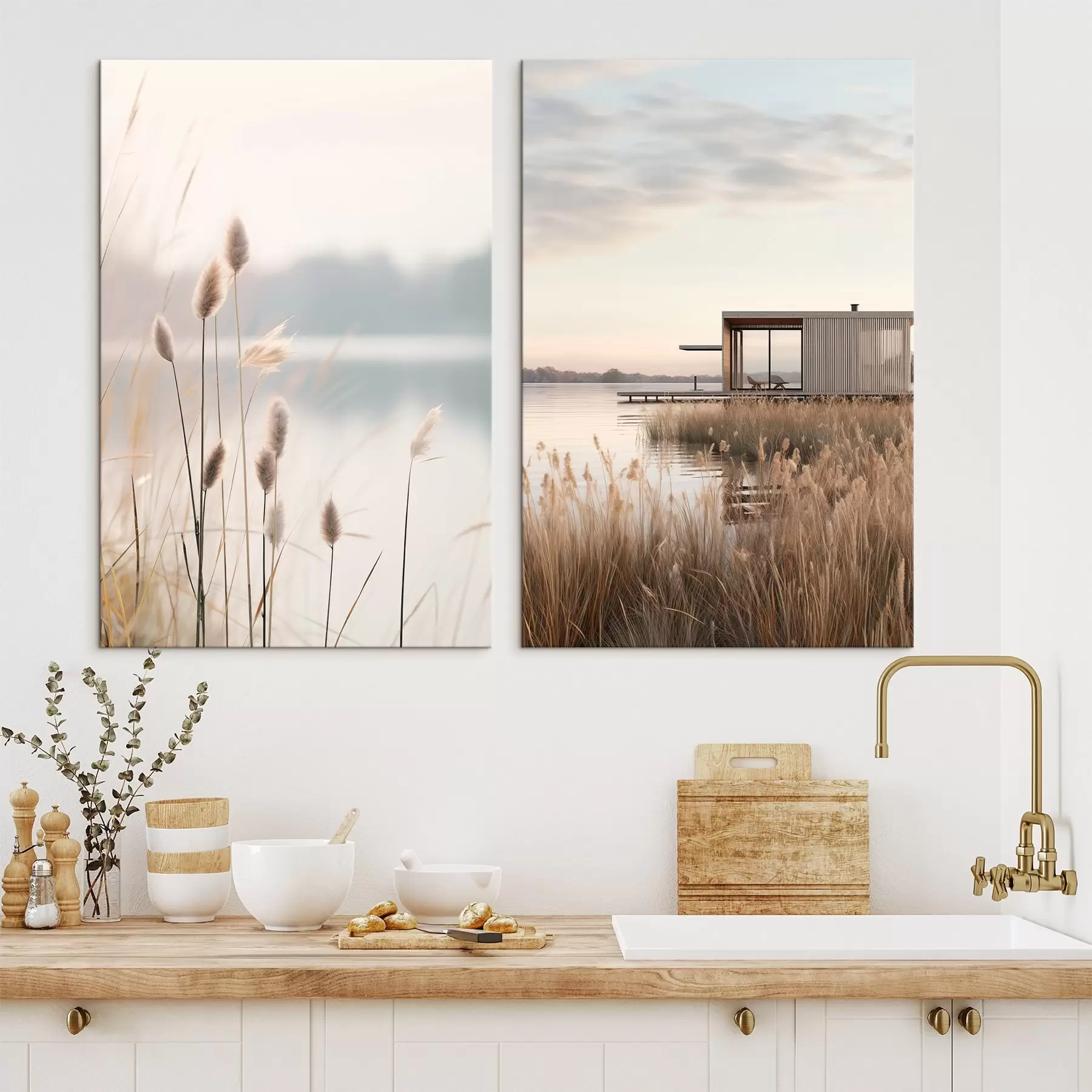 carta da parati Canne morbide su un lago tranquillo e una moderna capanna sulla riva nr. m00970