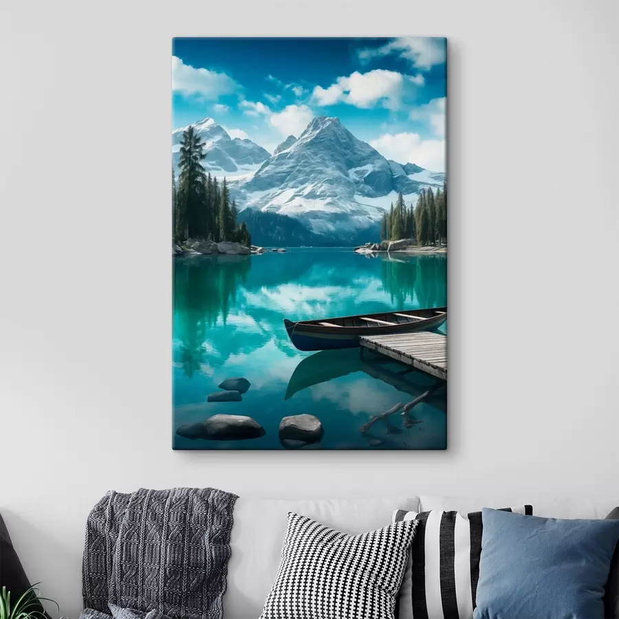 carta da parati Lago alpino con canoa e cime innevate nr. s46481