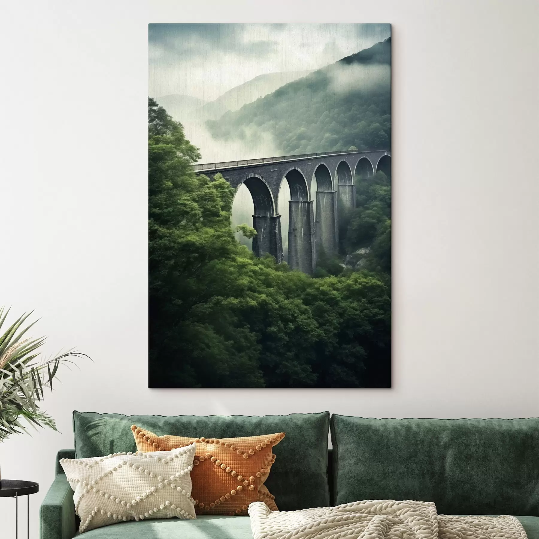 carta da parati Viadotto in pietra sopra una valle boschiva avvolta dalla nebbia nr. s46483