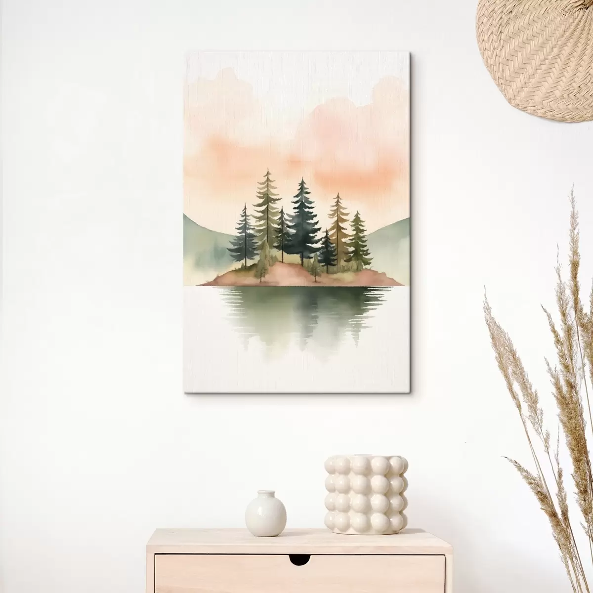 carta da parati Pini acquerellati su un isolotto nebbioso, cielo color pesca tenue nr. s46505