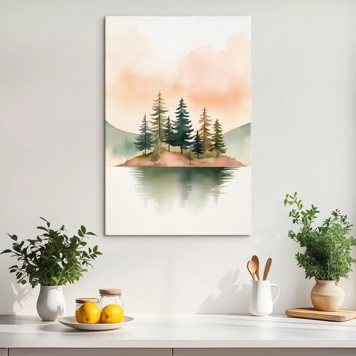 carta da parati Pini acquerellati su un isolotto nebbioso, cielo color pesca tenue nr. s46505