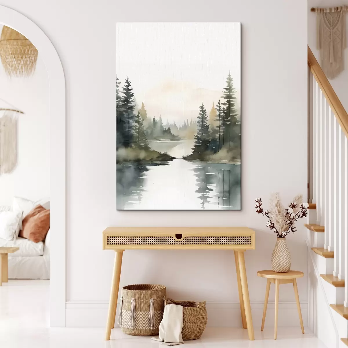 carta da parati Bosco di conifere nebbioso su un fiume tranquillo, stile acquerello nr. s46507