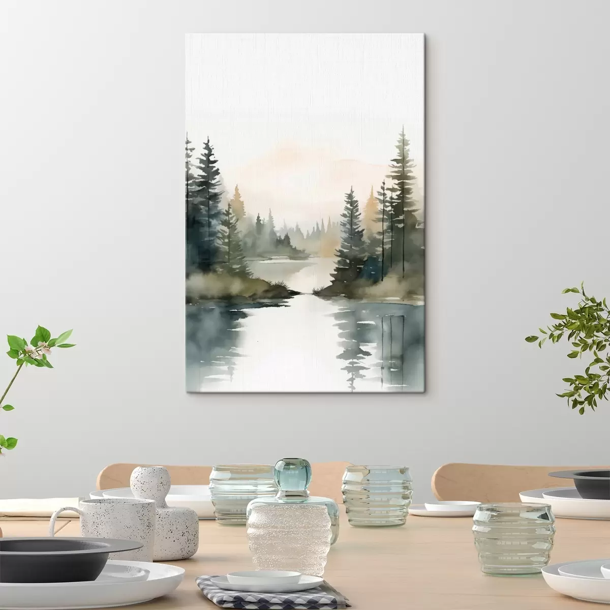 carta da parati Bosco di conifere nebbioso su un fiume tranquillo, stile acquerello nr. s46507