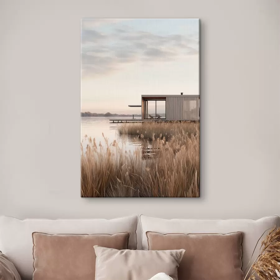 carta da parati Moderna baita sul lago tra i canneti al tramonto nr. s46513