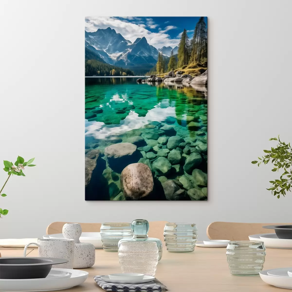 carta da parati Lago alpino color smeraldo con rocce sottostanti e vette imponenti nr. s46515