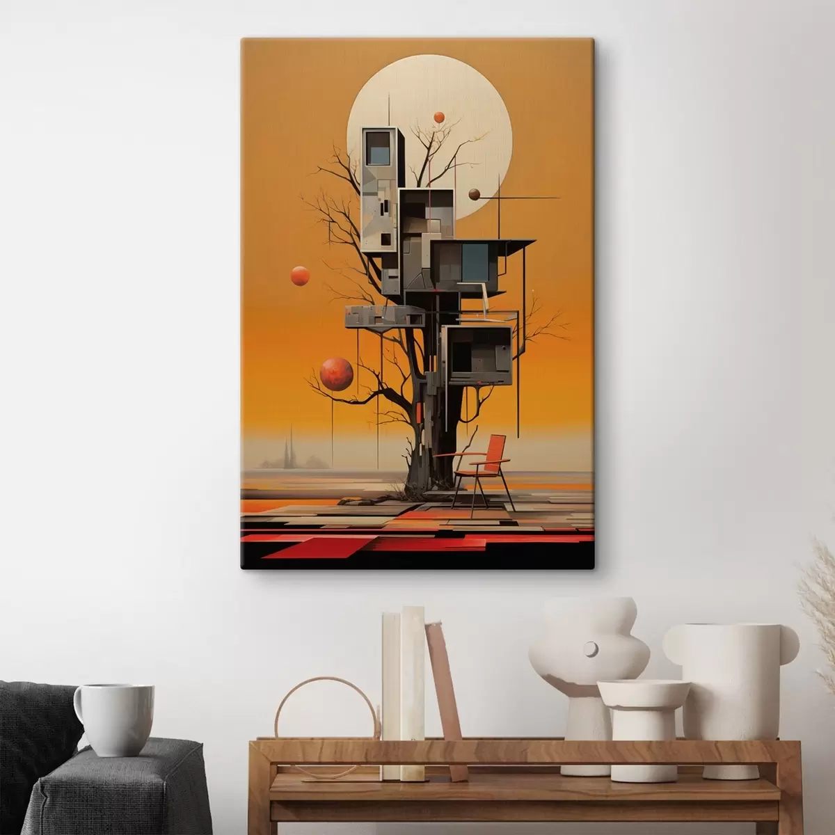 carta da parati Surreale casa sull'albero su sfondo arancione nr. s46526