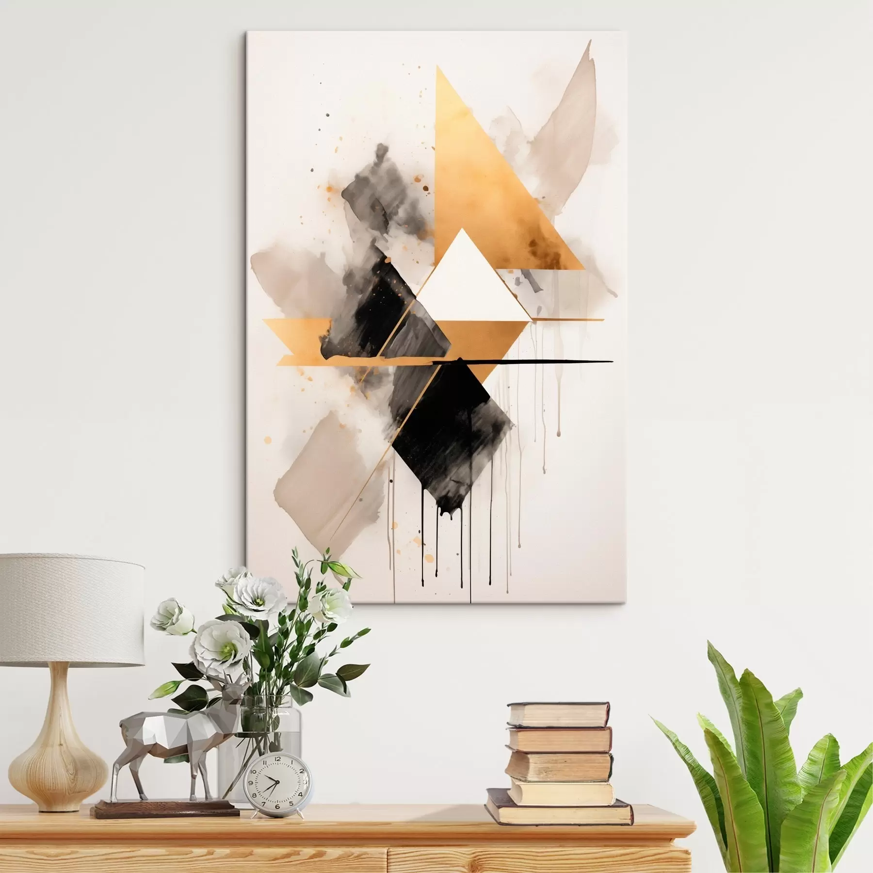 carta da parati Geometria con triangoli e un rombo nero, tratti beige nr. s46539