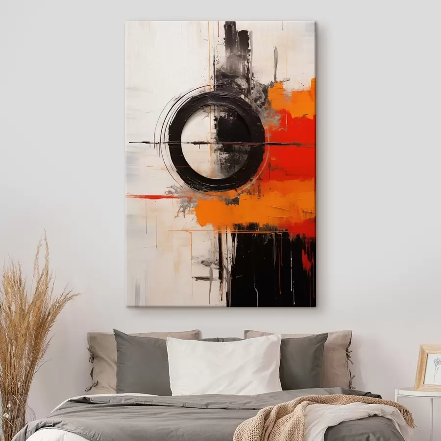 carta da parati Cerchio nero su sfondo bianco, pennellate e schizzi arancioni nr. s46549