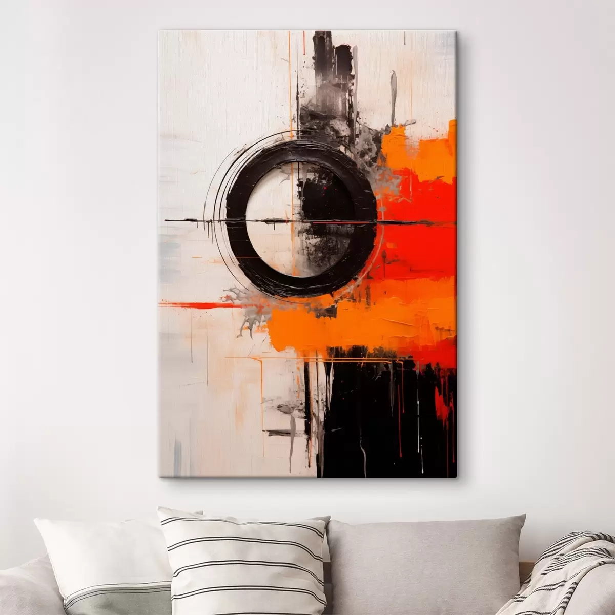 carta da parati Cerchio nero su sfondo bianco, pennellate e schizzi arancioni nr. s46549