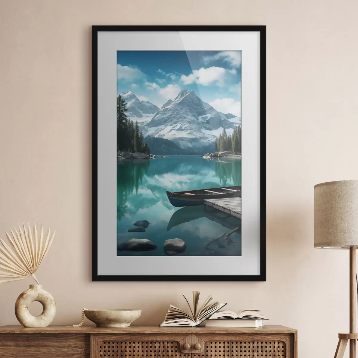 Poster Lago alpino con canoa e cime innevate f46481