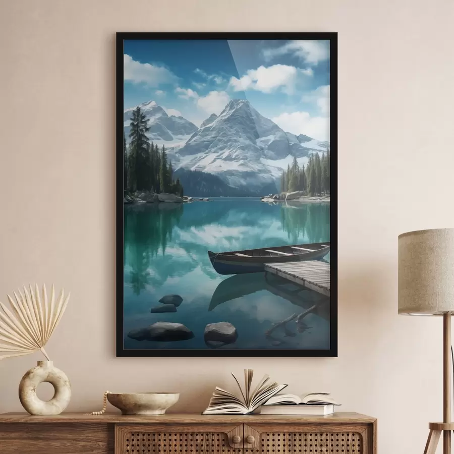 carta da parati Lago alpino con canoa e cime innevate nr. f46481