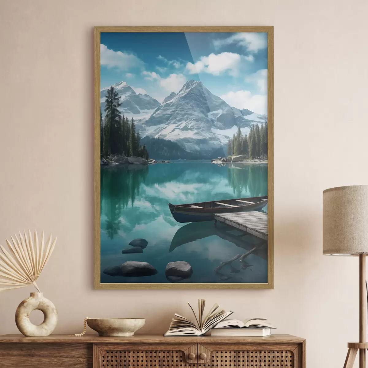 Poster Lago alpino con canoa e cime innevate f46481