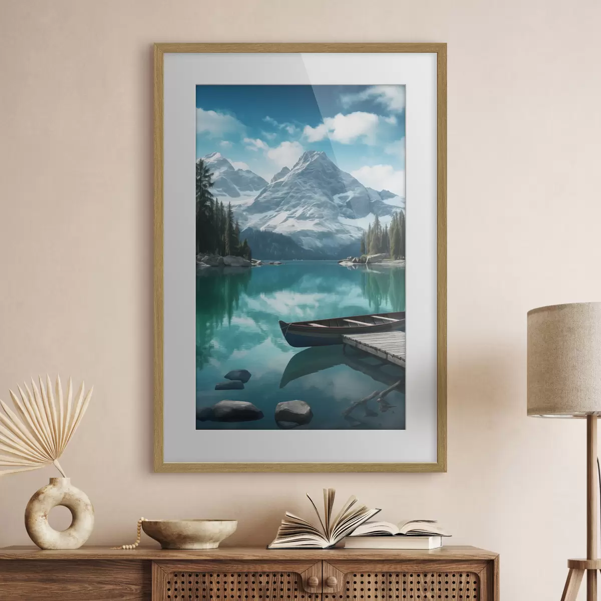 Poster Lago alpino con canoa e cime innevate f46481