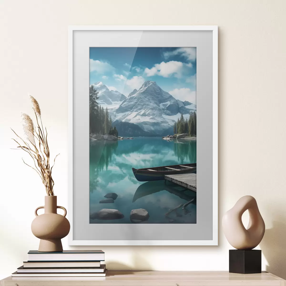 Poster Lago alpino con canoa e cime innevate f46481