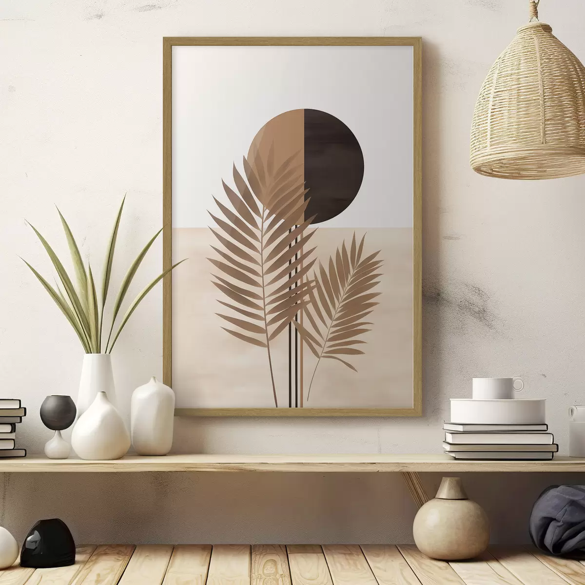 Poster Due foglie di palma con motivo a forma di sole con cerchio diviso f46491
