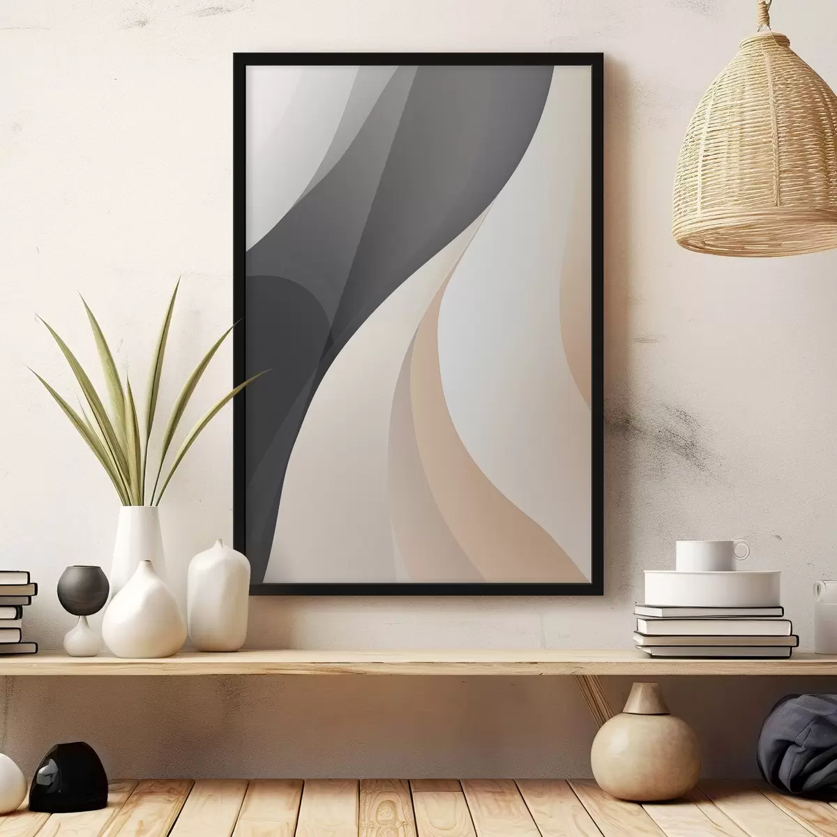 Poster Curve eleganti e sovrapposte nei colori antracite, avorio e sabbia f46493