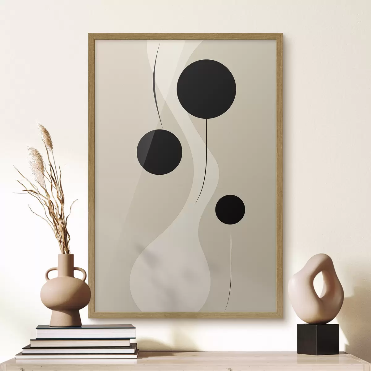 Poster Cerchi minimalisti su sfondo beige con accenti di linee fluide f46496
