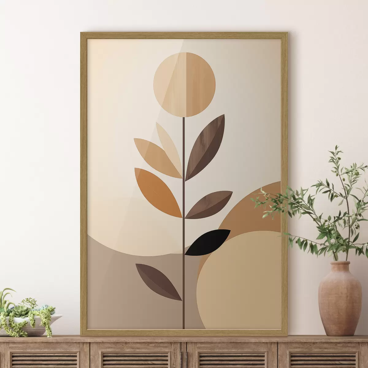 Poster Fiore stilizzato con foglie geometriche dai toni caldi f46500