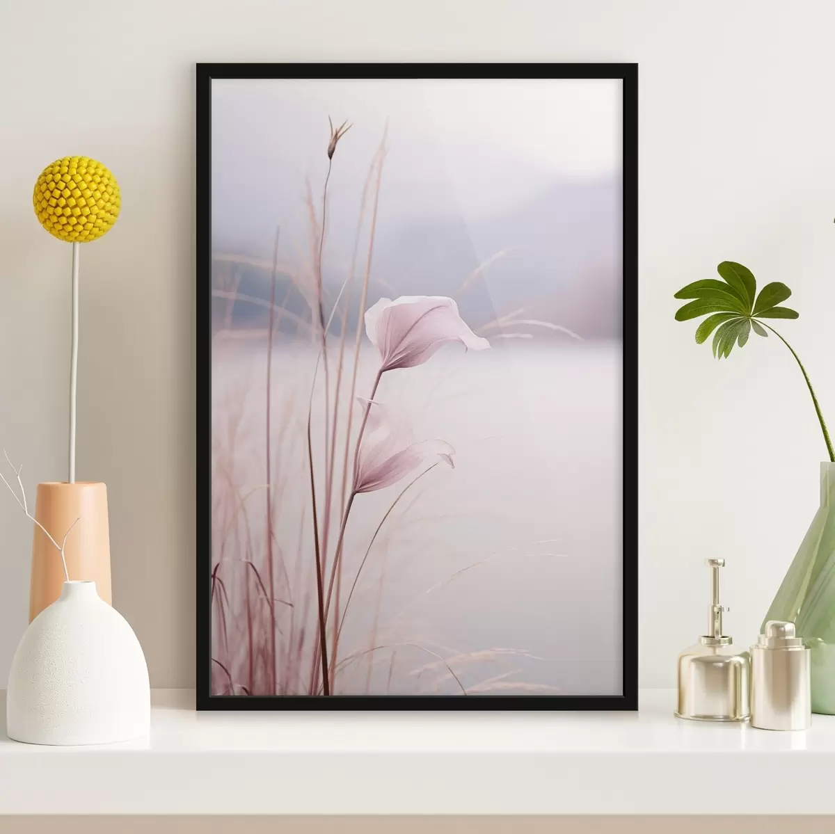 Poster Delicati fiori rosa in riva al lago tranquillo f46503