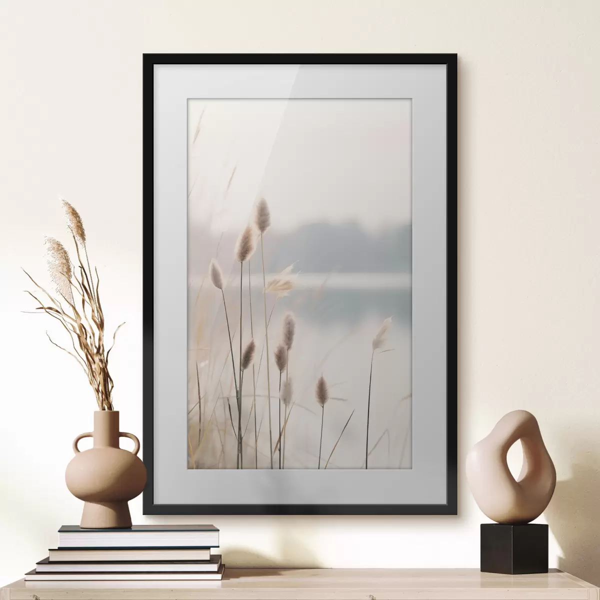 Poster Canneti morbidi in riva a un lago nebbioso, tonalità beige pastello f46504