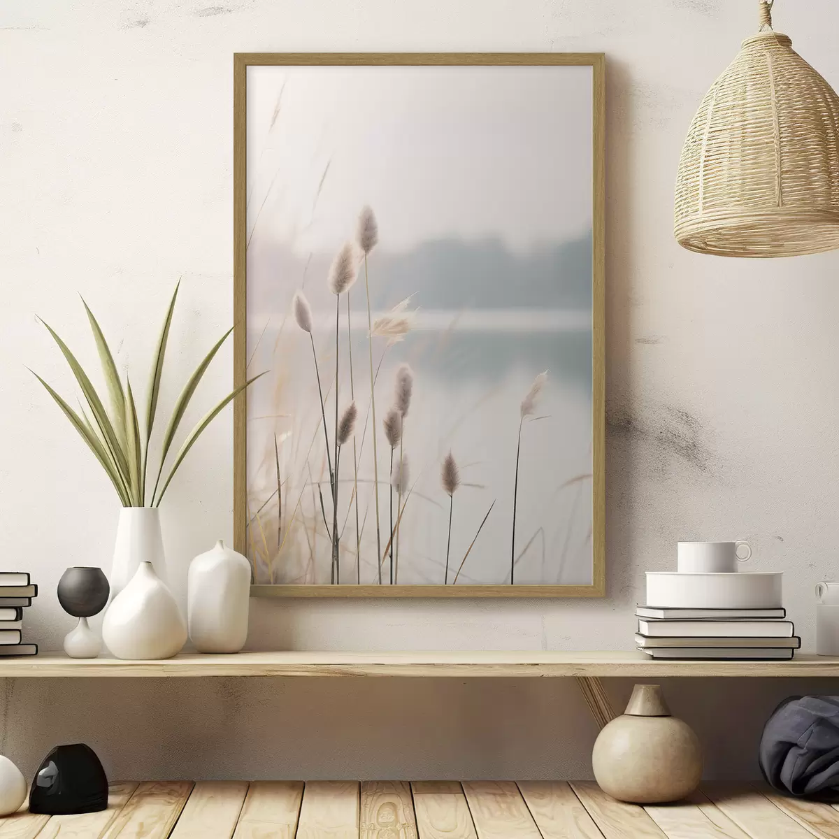 Poster Canneti morbidi in riva a un lago nebbioso, tonalità beige pastello f46504