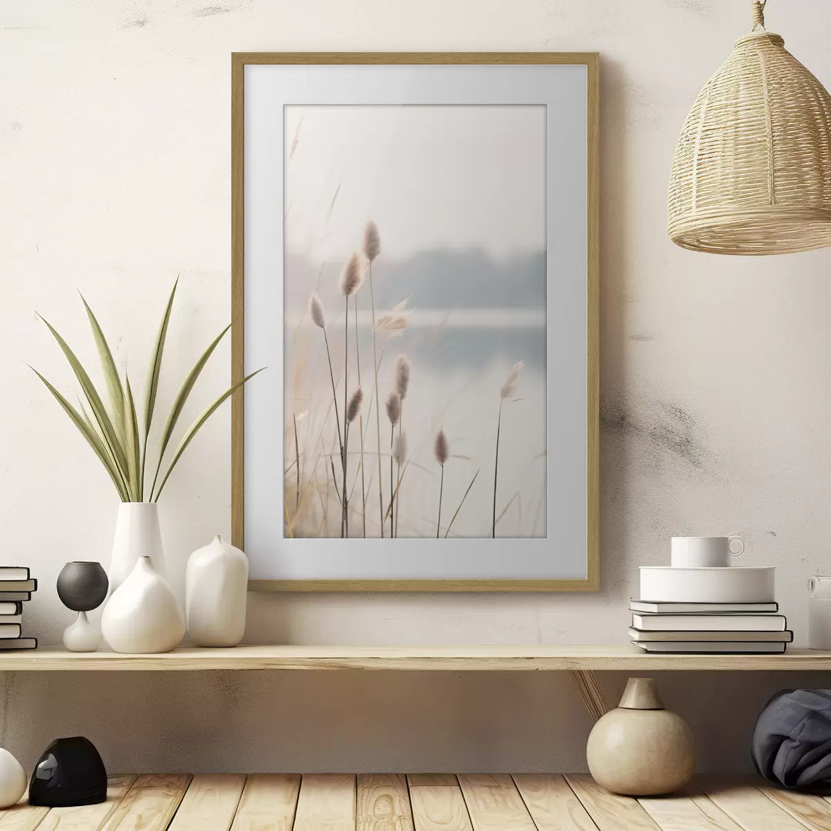 Poster Canneti morbidi in riva a un lago nebbioso, tonalità beige pastello f46504