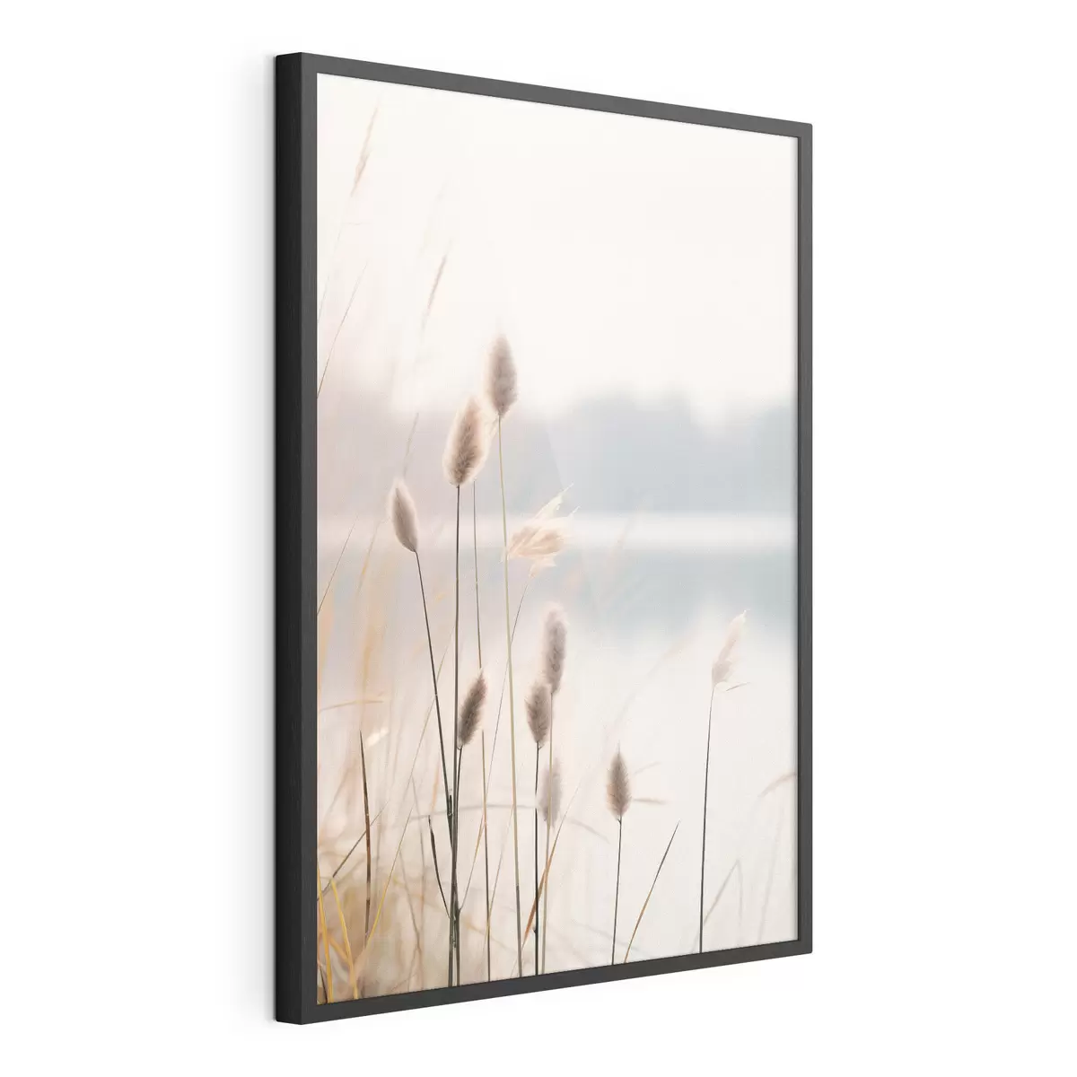 Poster Canneti morbidi in riva a un lago nebbioso, tonalità beige pastello f46504
