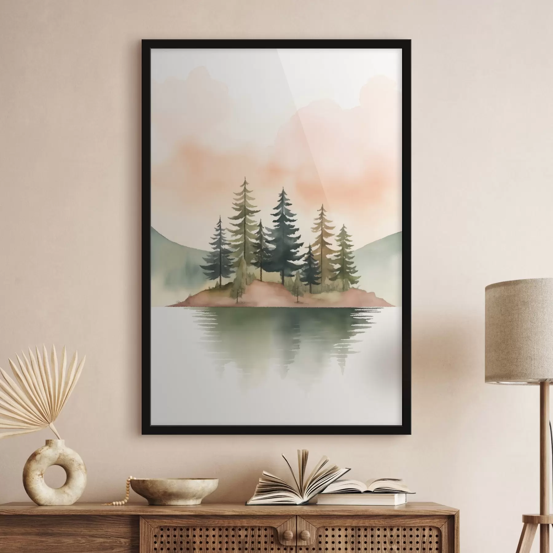 carta da parati Pini acquerellati su un isolotto nebbioso, cielo color pesca tenue nr. f46505