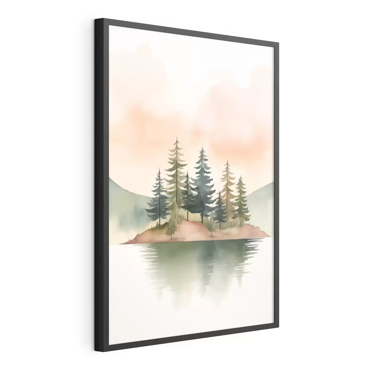 Poster Pini acquerellati su un isolotto nebbioso, cielo color pesca tenue f46505