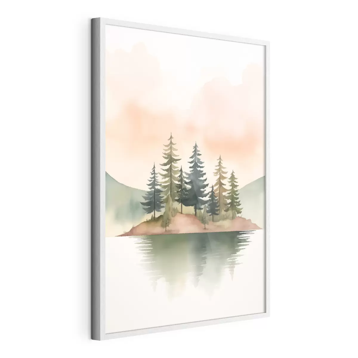Poster Pini acquerellati su un isolotto nebbioso, cielo color pesca tenue f46505