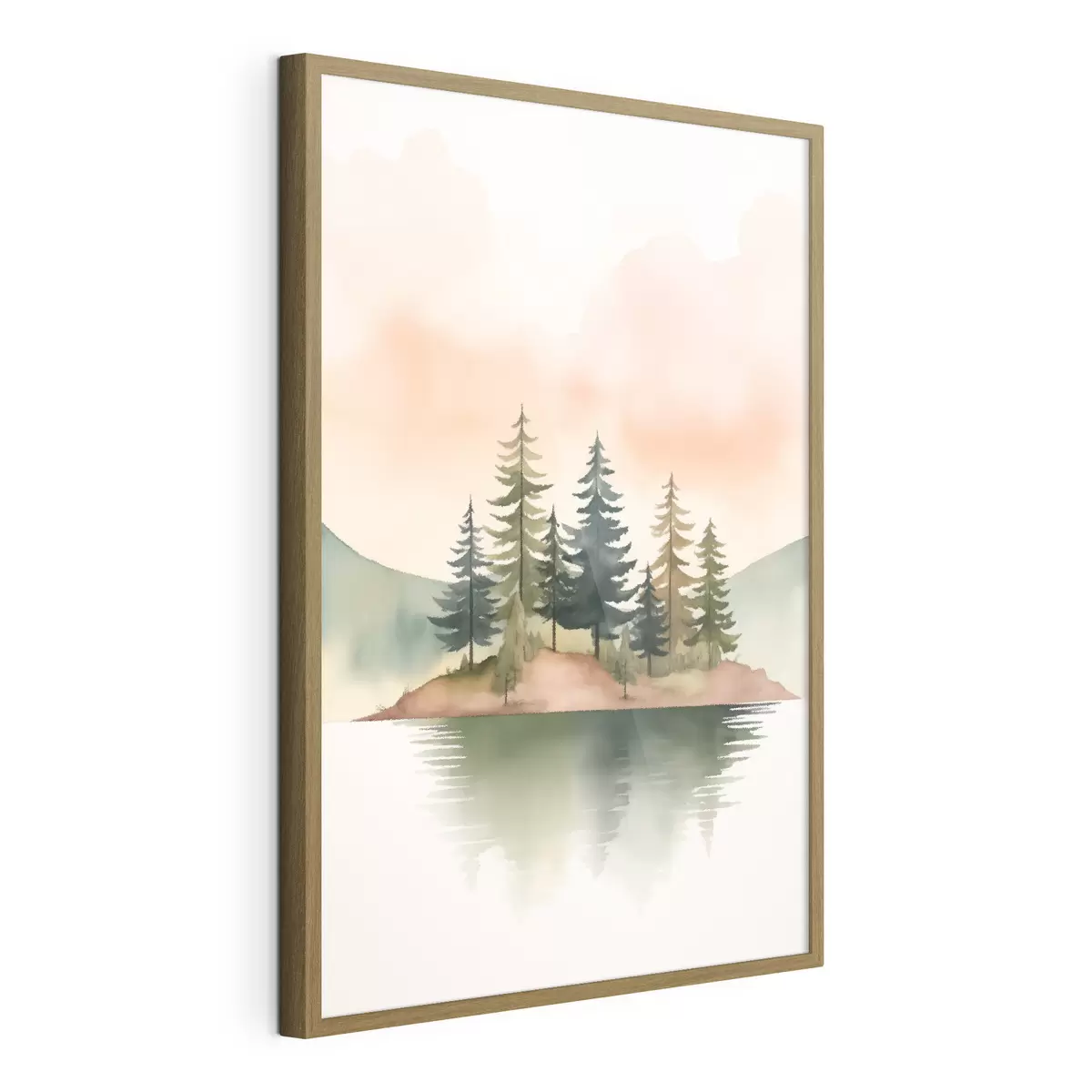 Poster Pini acquerellati su un isolotto nebbioso, cielo color pesca tenue f46505