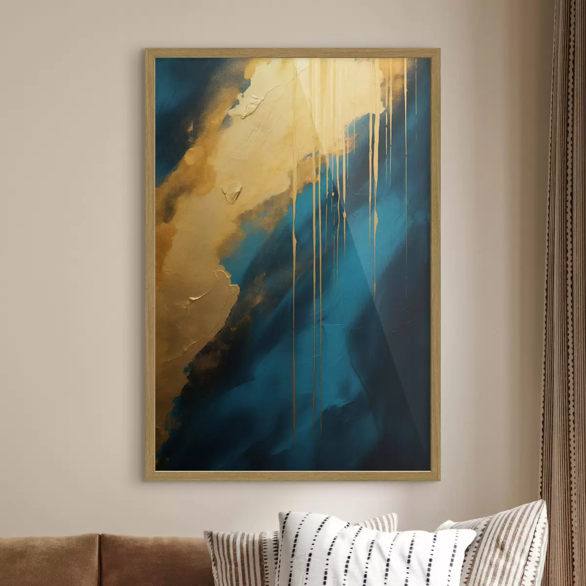 Poster Astratto verde acqua e blu intenso con riflessi caldi e fluidi f46509