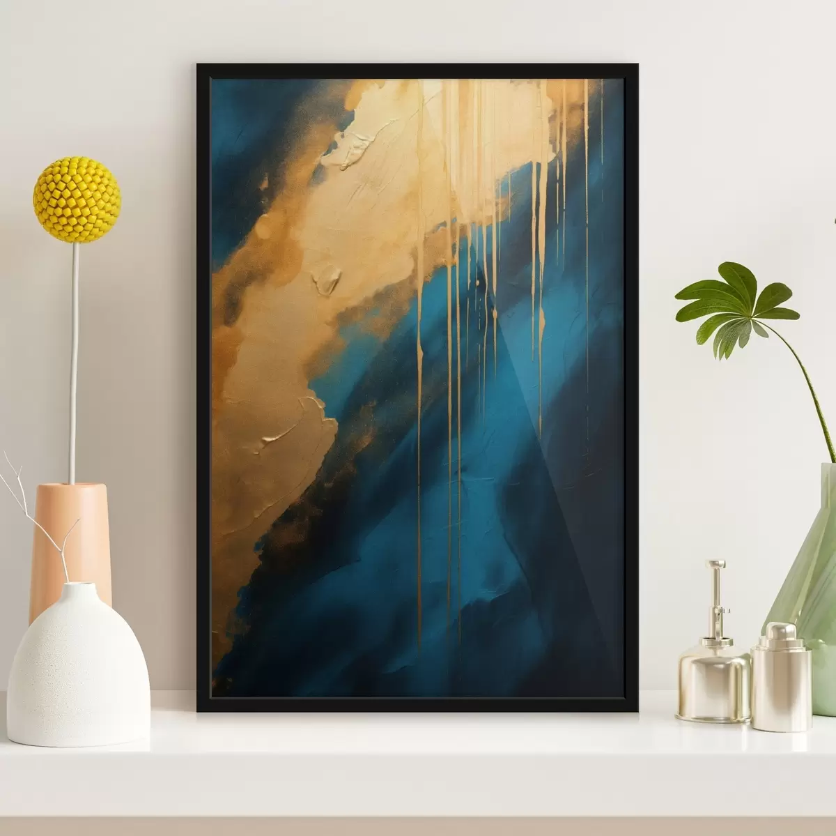 Poster Astratto verde acqua e blu intenso con riflessi caldi e fluidi f46509