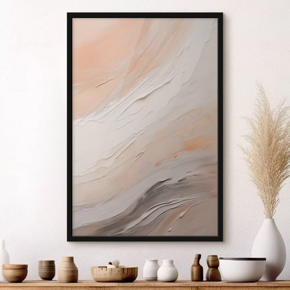 Poster Intonaco strutturato con volute in beige caldo e grigio tenue f46511