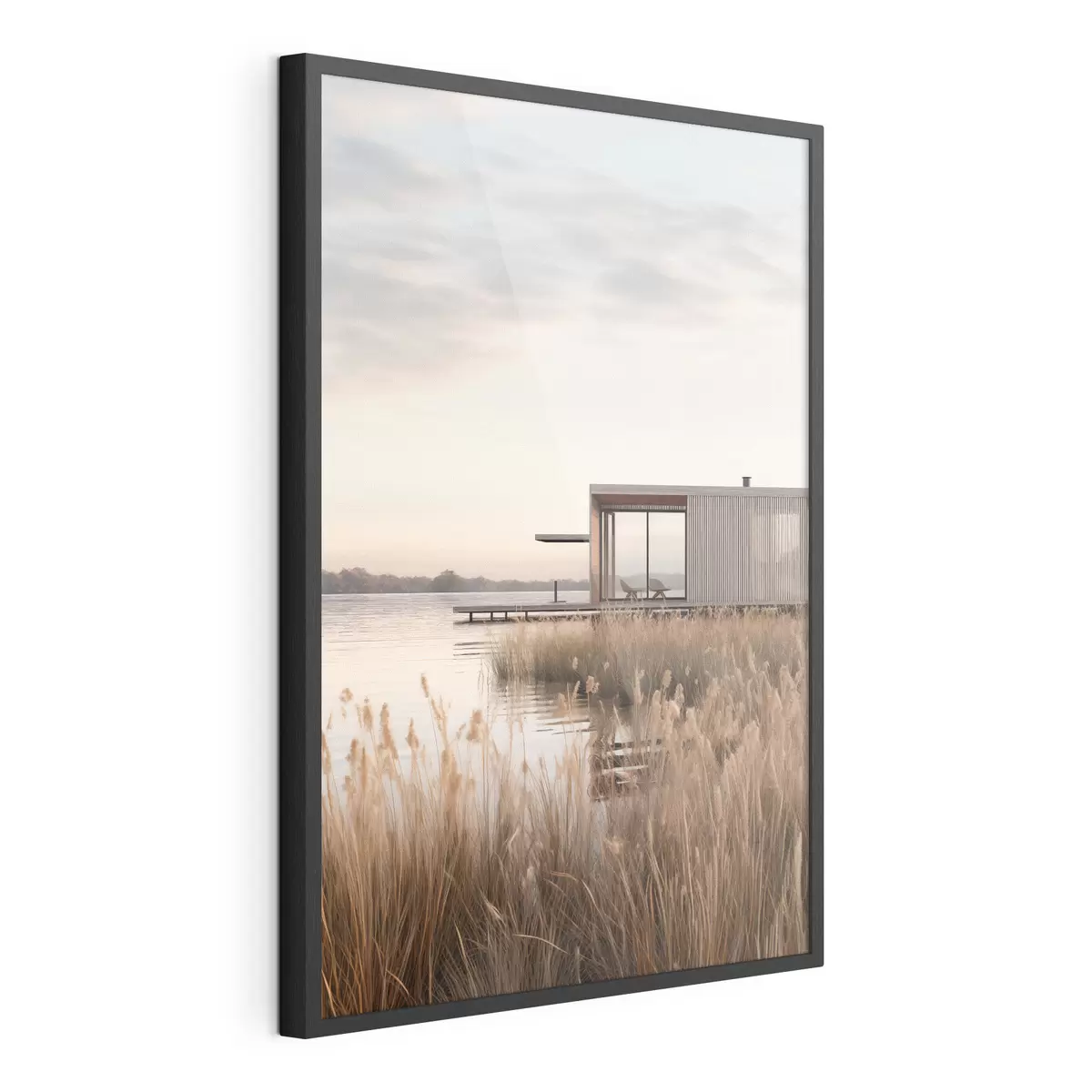 Poster Moderna baita sul lago tra i canneti al tramonto f46513
