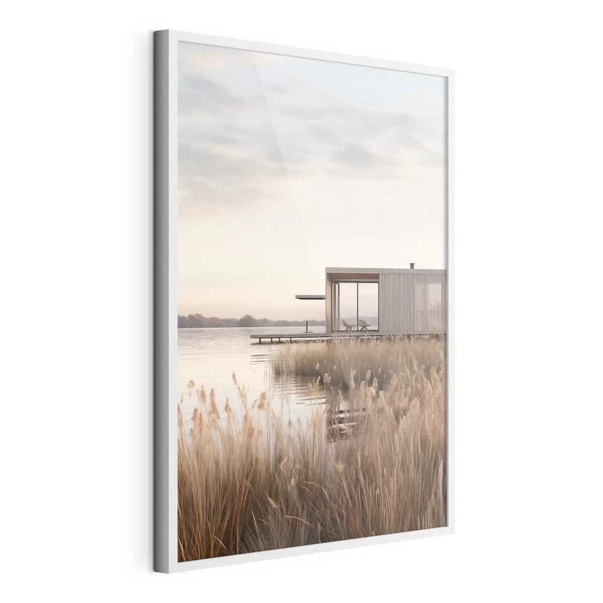 Poster Moderna baita sul lago tra i canneti al tramonto f46513
