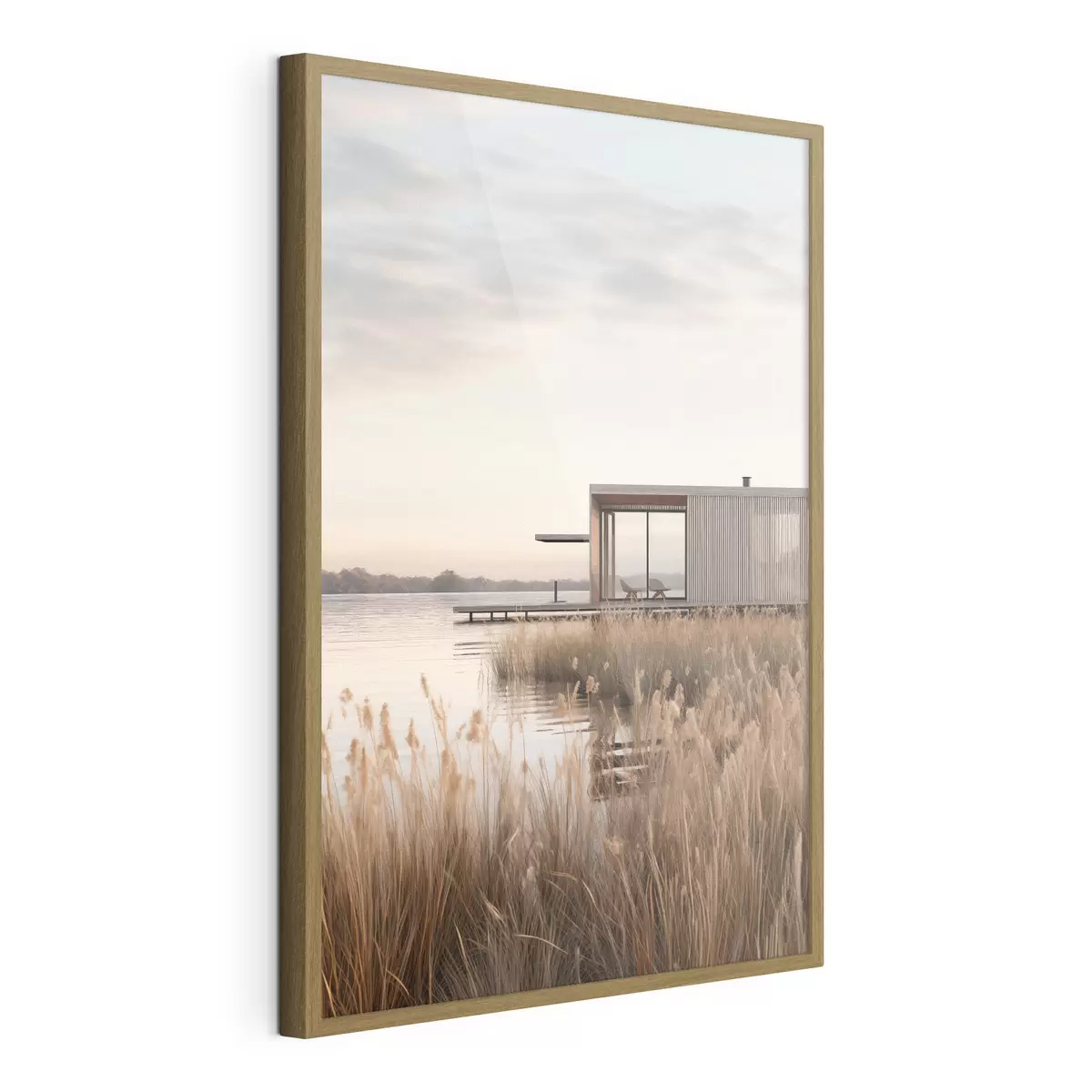 Poster Moderna baita sul lago tra i canneti al tramonto f46513