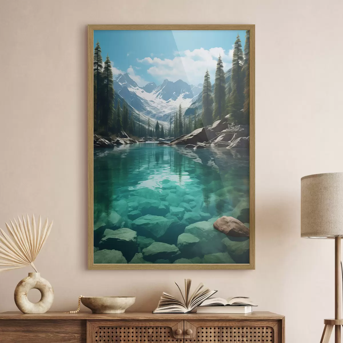 Poster Fiume alpino limpido con letto roccioso e cime innevate f46514