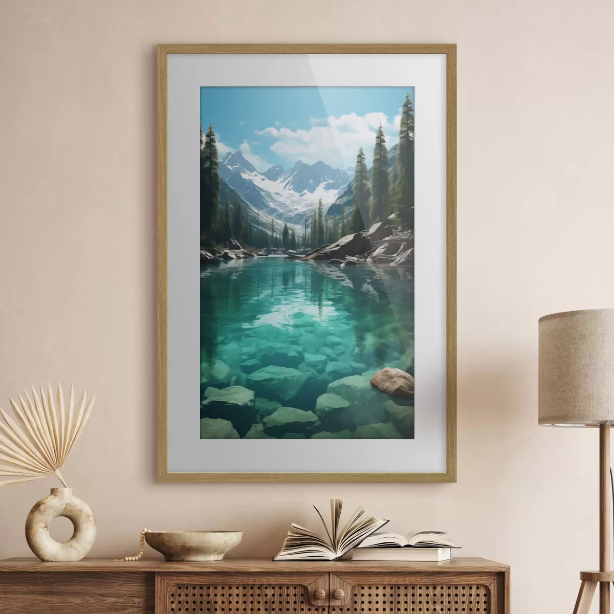 Poster Fiume alpino limpido con letto roccioso e cime innevate f46514