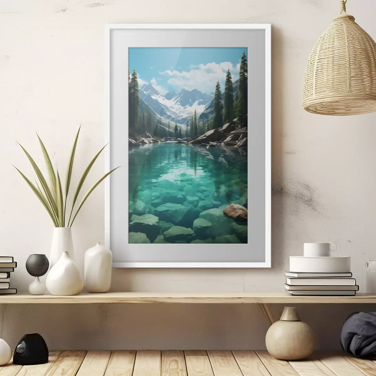 Poster Fiume alpino limpido con letto roccioso e cime innevate f46514