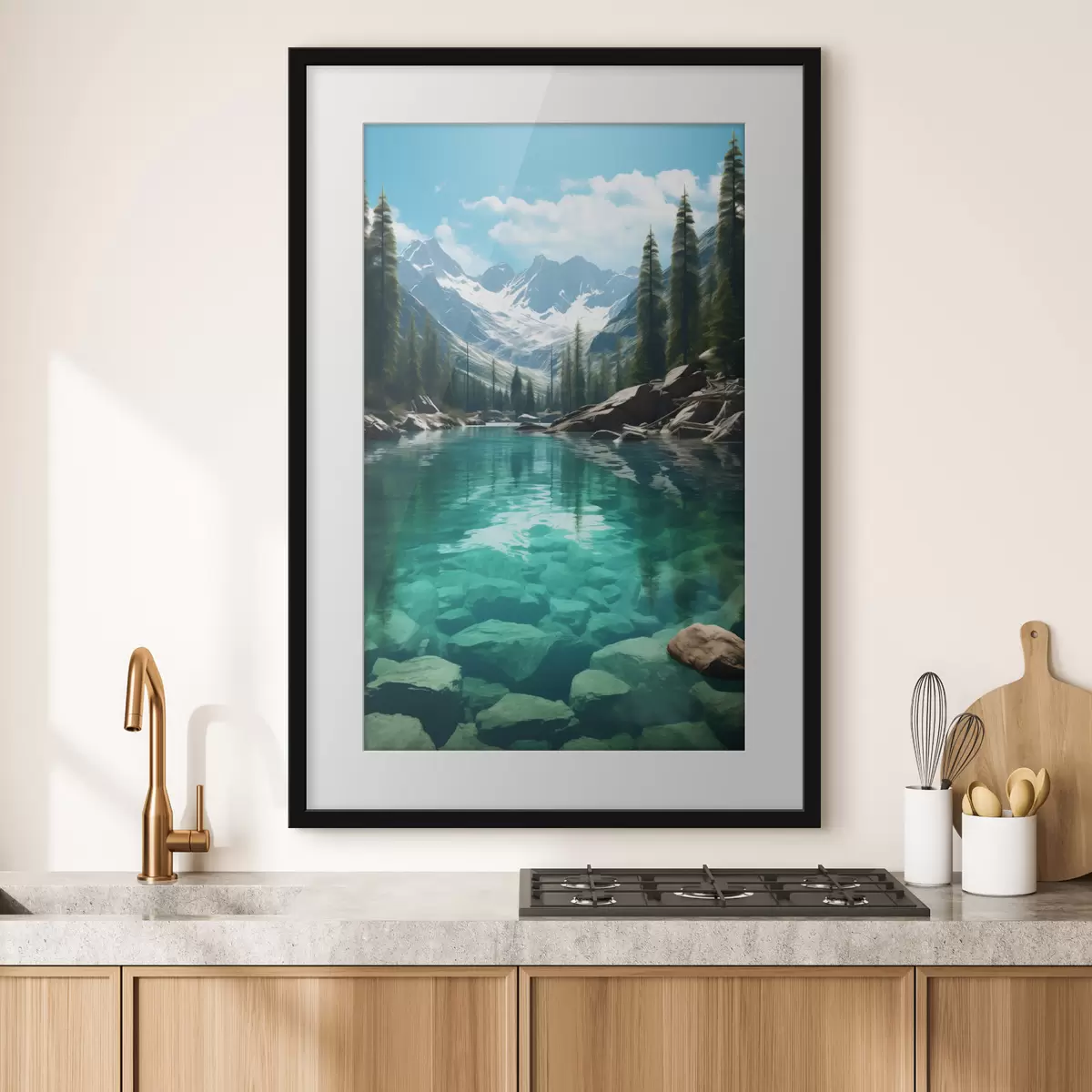 Poster Fiume alpino limpido con letto roccioso e cime innevate f46514