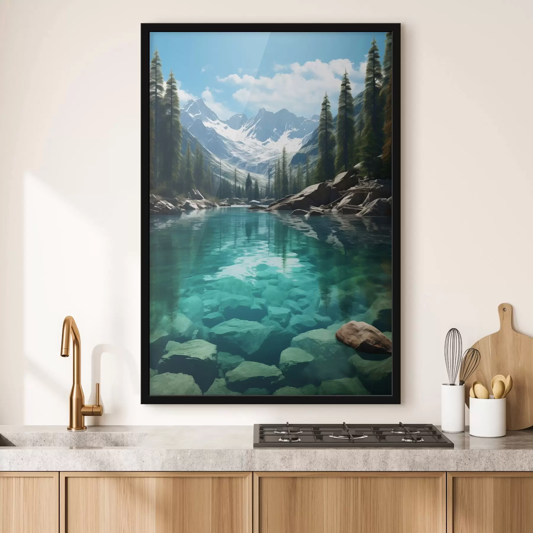 carta da parati Fiume alpino limpido con letto roccioso e cime innevate nr. f46514