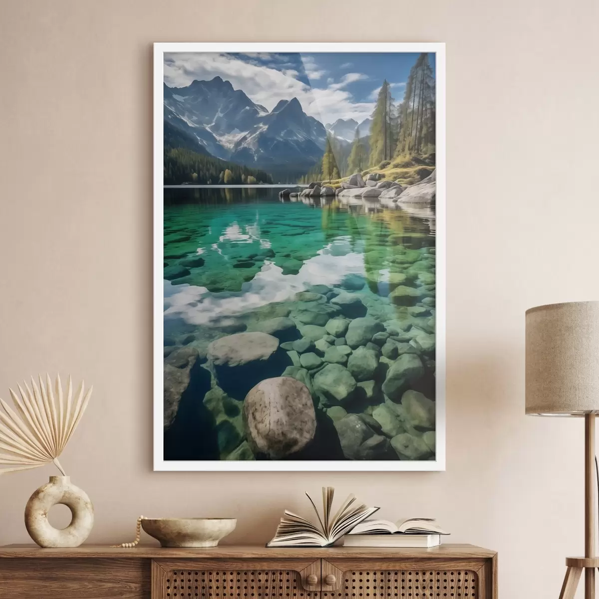 Poster Lago alpino color smeraldo con rocce sottostanti e vette imponenti f46515