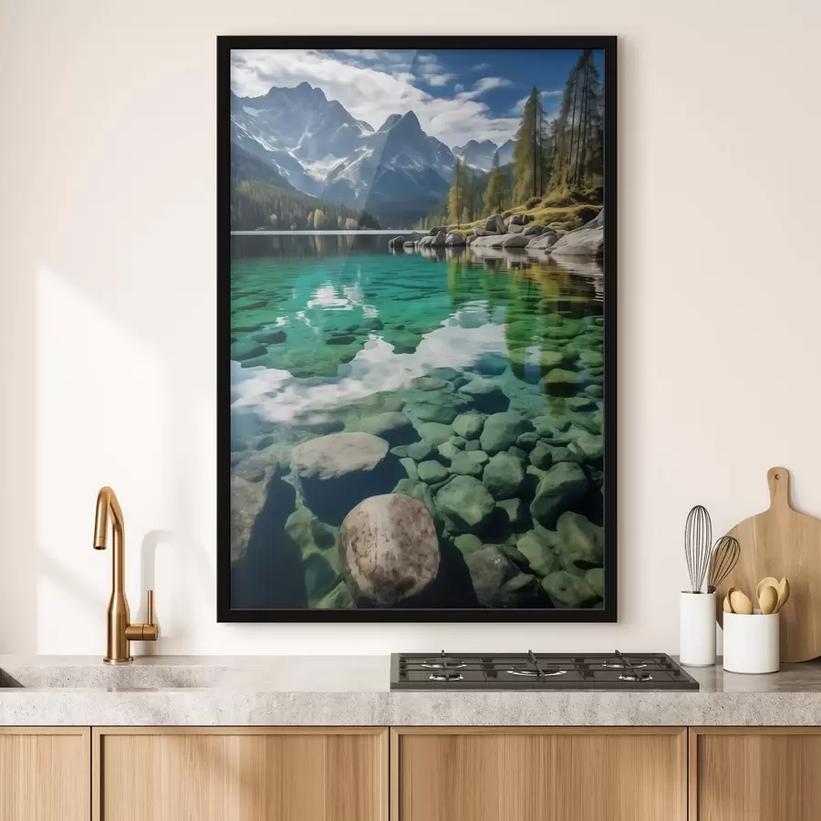 carta da parati Lago alpino color smeraldo con rocce sottostanti e vette imponenti nr. f46515